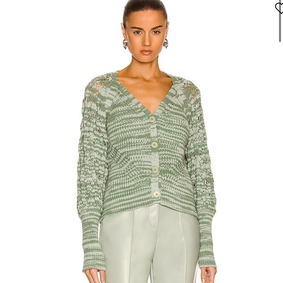 Jonathan Simkhai Adeline Crochet Sleeve V-Neck Cardigan Grandpa Sweater - Picture 3 of 9